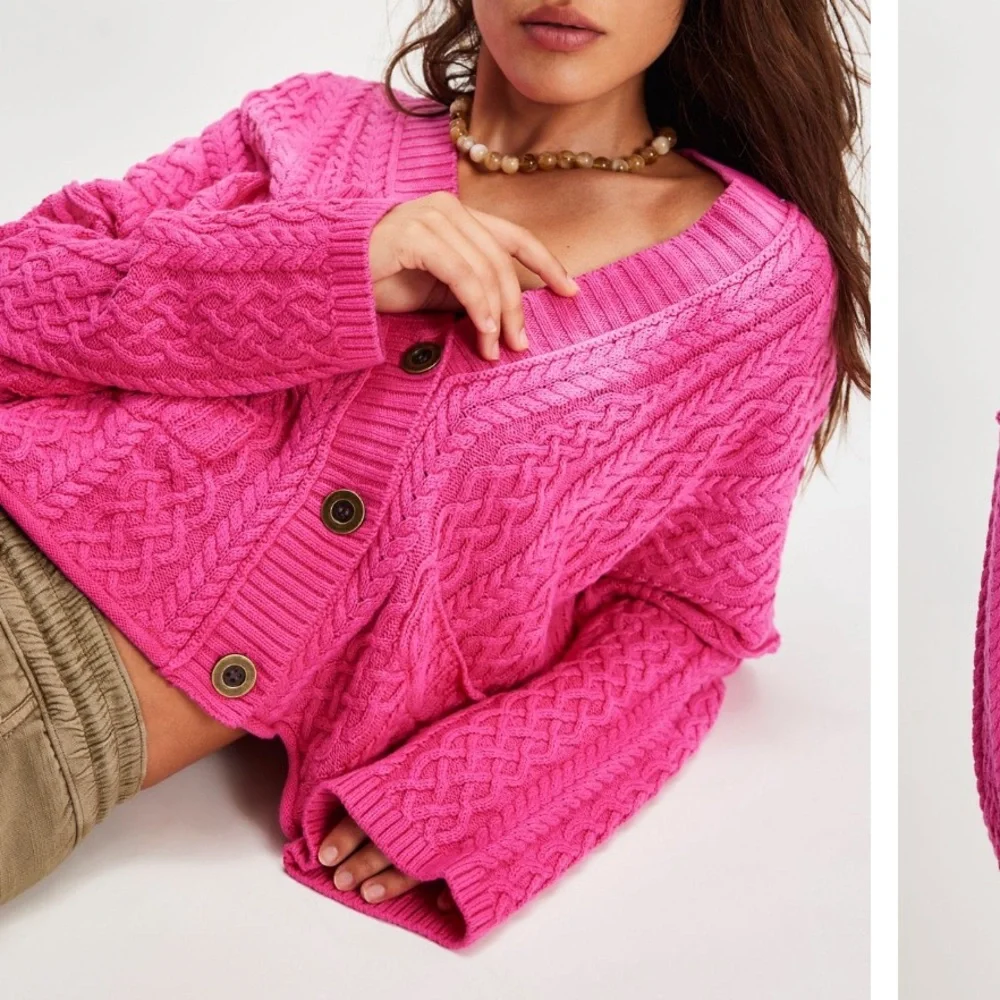 NWOT Free People Washed Ashore Cardi, Hot Pink Combo, XS